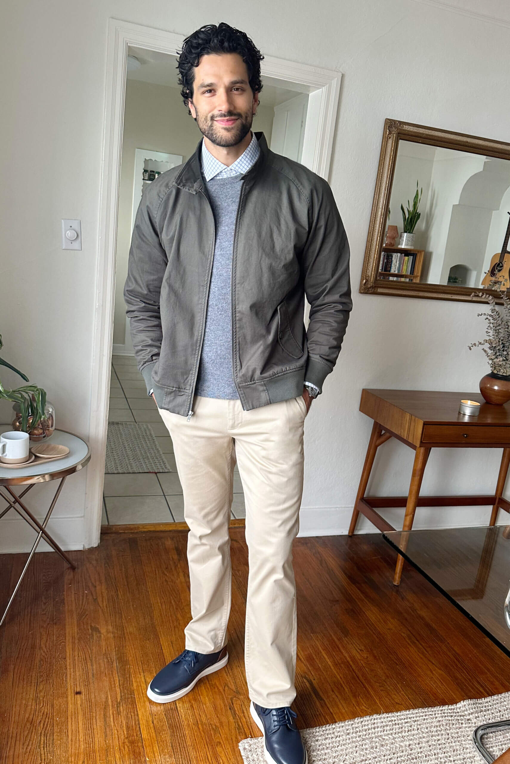 Date night outfit with sweater khakis and jacket