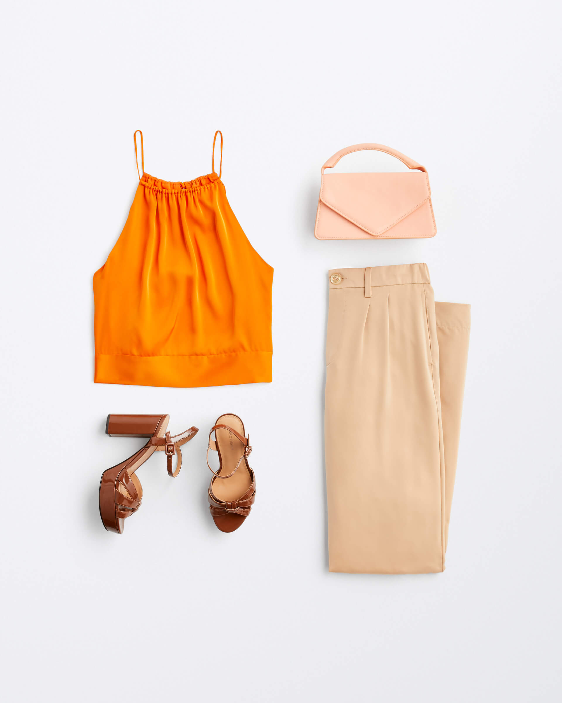 orange top with wide leg pants for petite