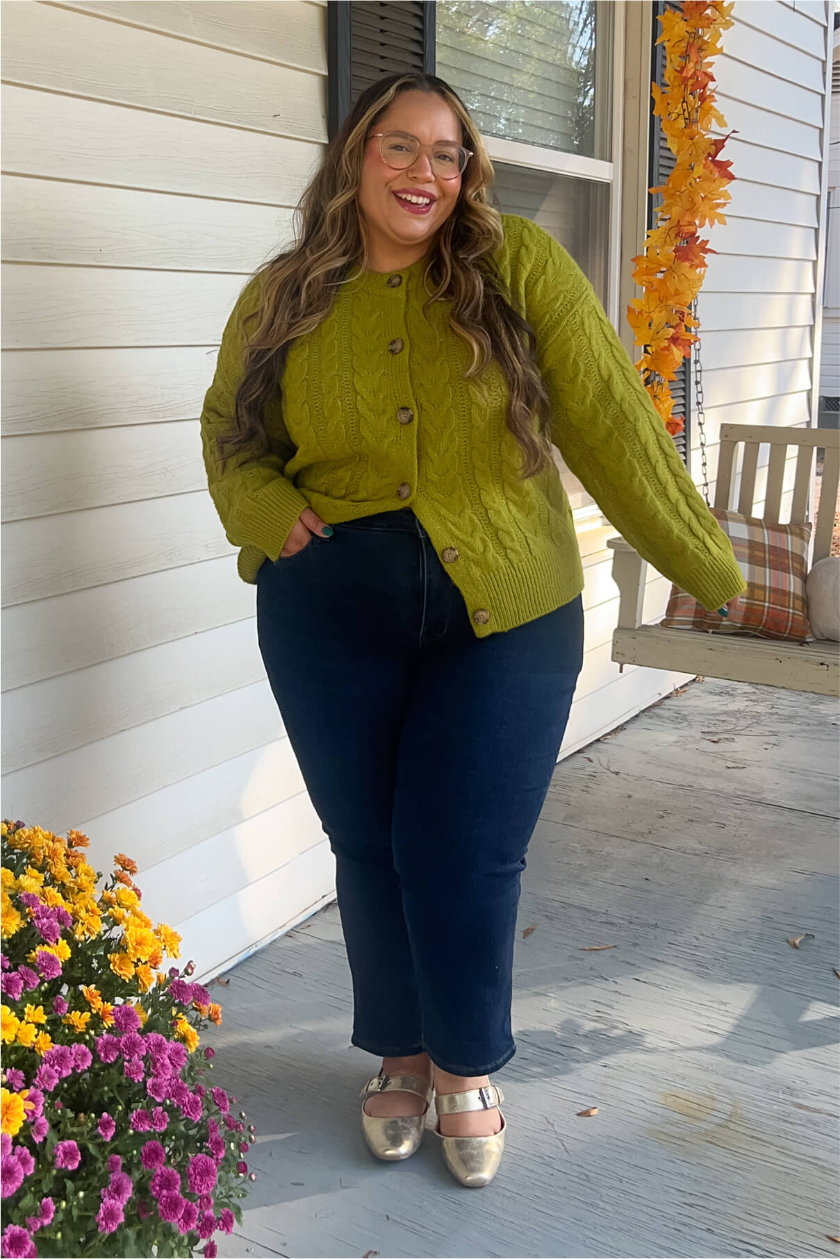 woman elongating self with jeans